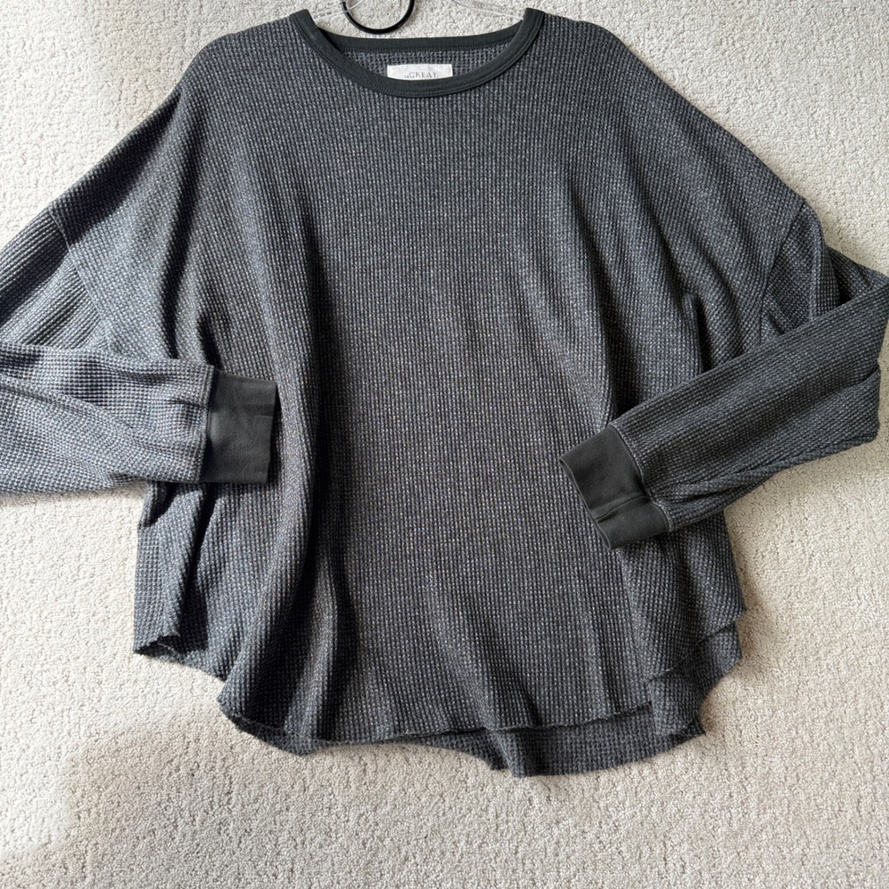 THE GREAT. Thermal Top Womens 3 Grey Waffle Knit Oversized Long Sleeve USA